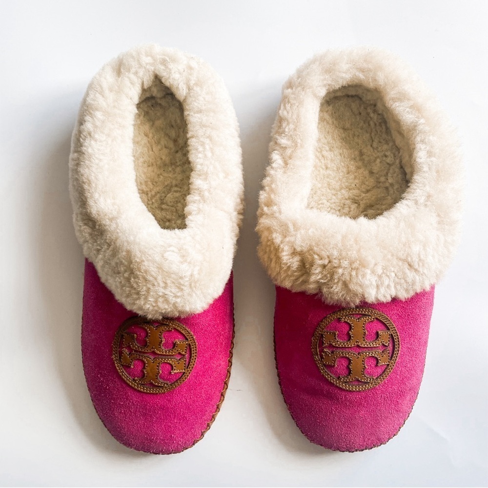 TORY BURCH Coley Shearling Fur Slip On Sandals Slippers in Pink Size 7